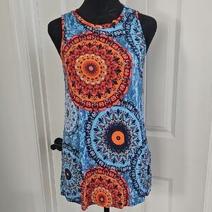BOHO Sleeveless Mandala Print Top - Blue and Orange, Size Medium